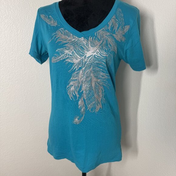 ONeill Womens Teal V-Neck Cotton T-Shirt With Silver Feather Design Size‎ M - Picture 1 of 4